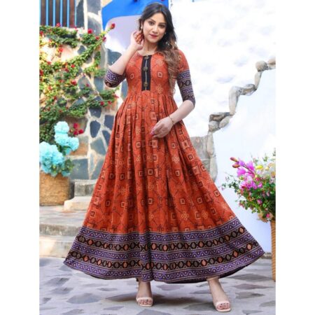 Webdemonew copper brown cotton flared printed long kurti