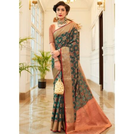 Webdemonew dark green patola silk saree with golden border