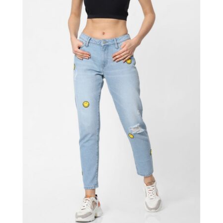 Webdemonew x smiley blue mid rise smiley print mom jeans