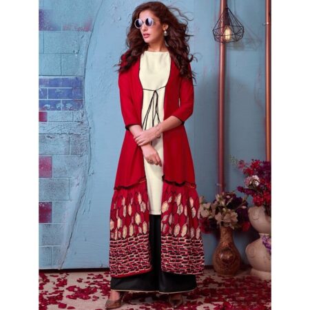 Webdemonew kajal cream kurta with printed shrug